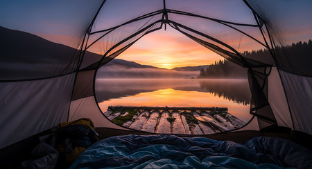 Camping tent on the lake at sunrise. Beautiful nature landscape.の素材