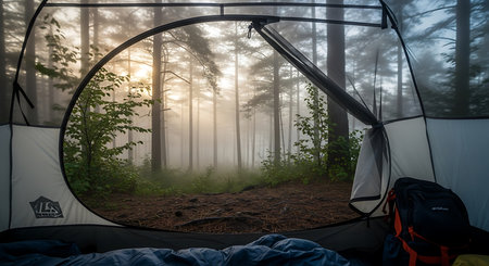 Camping tent in a foggy forest at sunrise. Camping conceptの素材