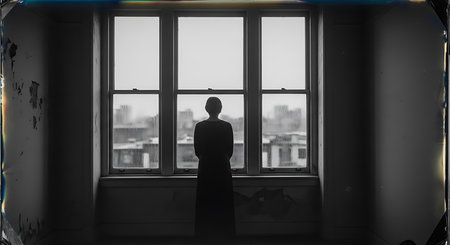 Silhouette of a man standing in front of the window.の素材