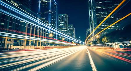 the light trails on the modern building background in shanghai china.の素材
