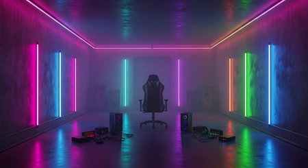 Futuristic interior with neon light, 3d rendering. Computer digital drawing.の素材