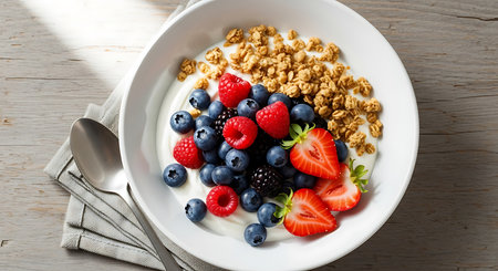 Healthy breakfast with yogurt, berries and granola on wooden backgroundの素材