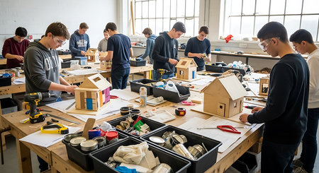 High angle view of a group of students working together in a workshopの素材