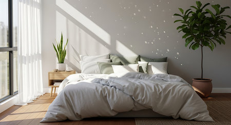 interior of modern bedroom with white walls, wooden floor and comfortable king size bed 3d renderの素材