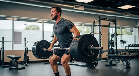 Athletic man lifting a barbell in a gym.の素材