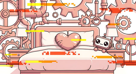 Illustration of a Bedroom with a Heart Surrounded by Gearsの素材