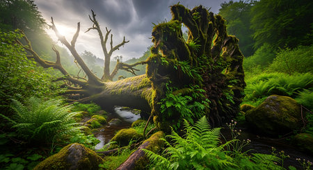 Beautiful mossy tree in the rain forest. Beautiful landscape.の素材