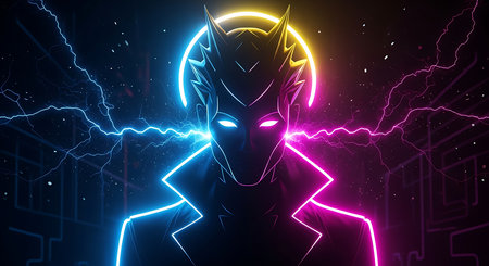 Cyborg with glowing neon lights on dark background. 3D renderingの素材