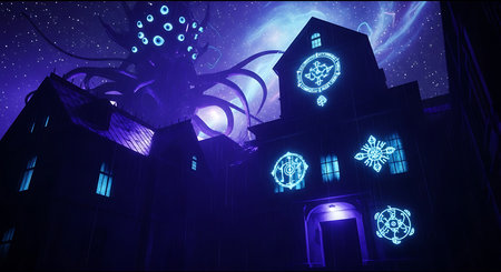 Digital illustration of a futuristic city with blue lights in the background.の素材