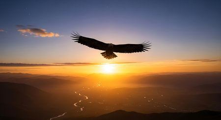 Eagle flying over the mountains in the rays of the setting sunの素材