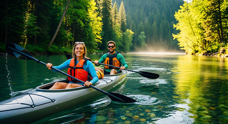 Couple kayaking on a beautiful mountain river. Man and woman kayaking on the lake.の素材