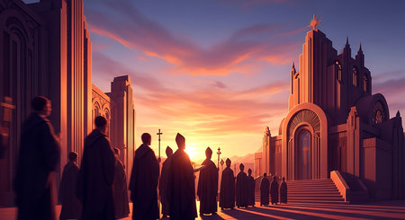 Conceptual image of Muslim business people walking towards the mosque at sunsetの素材
