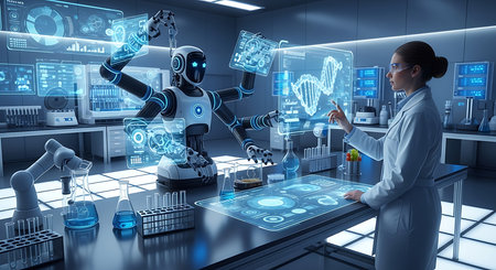 Young woman scientist in laboratory working with 3D rendering robot and science iconsの素材