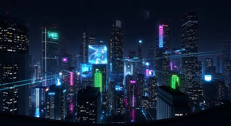 Skyscrapers at night with digital holographic interface. Mixed mediaの素材