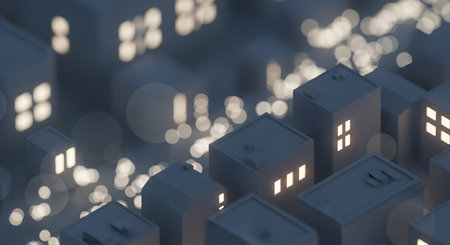 3d illustration of a small town with lights in the background.の素材