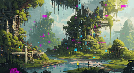 Fantasy landscape with a river, trees and high-rise buildingsの素材