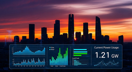 Futuristic virtual graphic touch user interface showing big data analytic in smart city with financial chart and graph analysis showing business analytics and market research.の素材