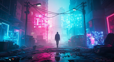 Man walking in the night city. 3D rendering. Neon lights.の素材