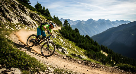 Cyclist Riding the Mountain Bike on the Trail in the Swiss Alpsの素材