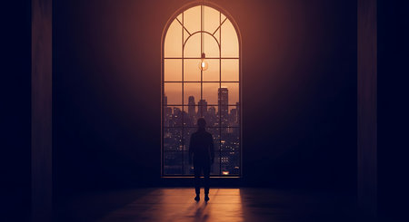 Silhouette of businesswoman standing in front of window with city viewの素材