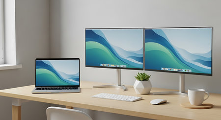 Modern desktop with computer monitors, keyboard, mouse and coffee cup. 3D rendering.の素材