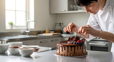 Young woman decorating delicious chocolate cake with berries at table in kitchenの素材