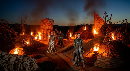 3d rendering of a fantasy scene with people in the fire.の素材