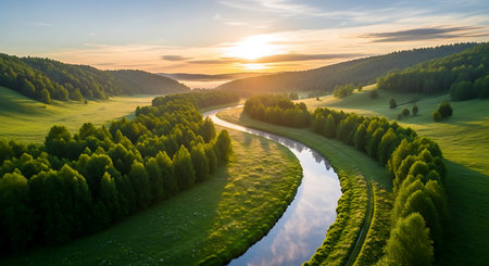 Aerial view of beautiful summer landscape with river and forest at sunsetの素材