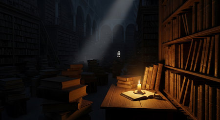 Bookshelf with books and a candle in the dark. 3D renderingの素材