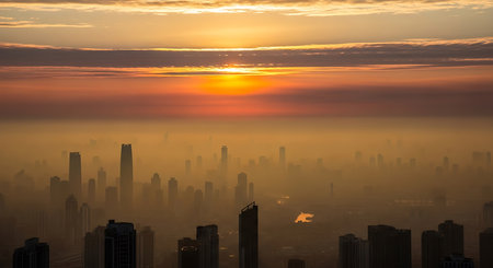 Aerial view of skyscrapers in the fog at sunrise.の素材