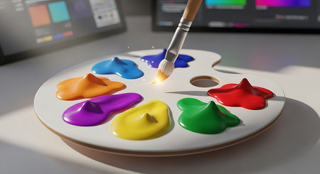 Close up of paint palette with brush and colorful paints. 3d renderingの素材