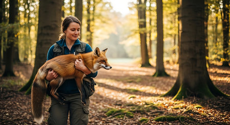 Young woman with fox in the forest. Autumn nature. Young woman with fox.の素材
