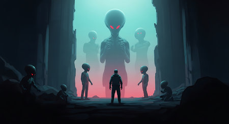 3D illustration of a group of people in front of a door to another dimensionの素材