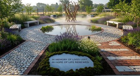 Lavender garden in the morning with a pond and a fountainの素材