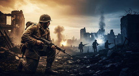 War concept. Military silhouettes fighting scene on war fog sky background, World War Soldiers Silhouettes Below Cloudy Skyline At night. Attack scene. Armored vehicles. City destroyed by war.の素材