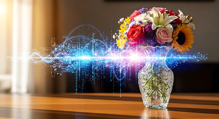 Bouquet of flowers in vase on wooden table with glowing background.の素材