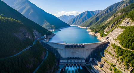Aerial view of hydroelectric power station in the mountains in summerの素材