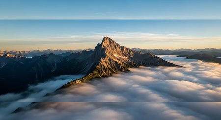 Fantastic panorama of mountains with clouds and blue sky at sunriseの素材