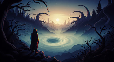 Woman in the forest at night. Fantasy landscape. Vector illustration.の素材