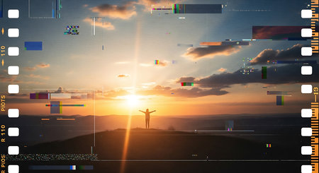 Digital composite of Digital composite image of silhouette of man with hands up against sunriseの素材