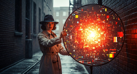 Young woman in trench coat and hat pointing at abstract digital map. Mixed mediaの素材