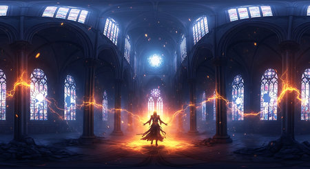 Fantasy scene with witch in the church. 3D illustration.の素材