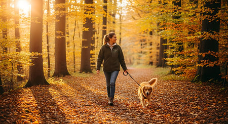 Young woman walking with her dog in the autumn forest. Woman walking with a dog in the park.の素材