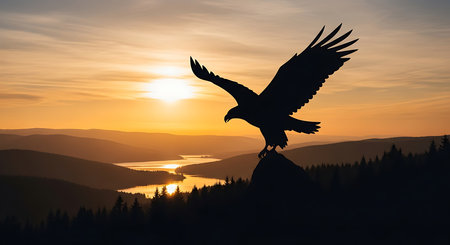 Eagle in the mountains at sunset. 3d render illustration.の素材