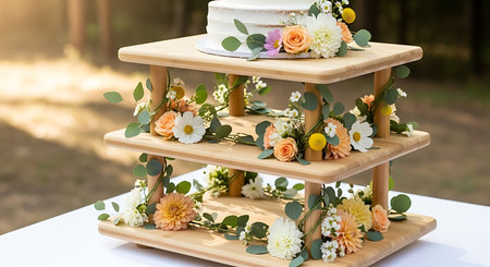 Wedding cake decorated with flowers on a wooden stand in the forestの素材