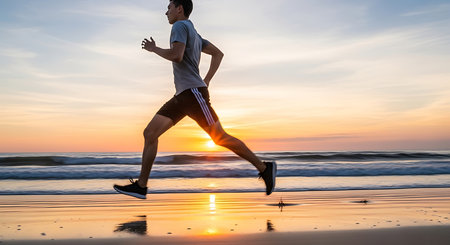 Man running on the beach at sunrise. Healthy lifestyle and fitness concept.の素材