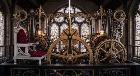3D render of an old clock mechanism in the interior of a churchの素材