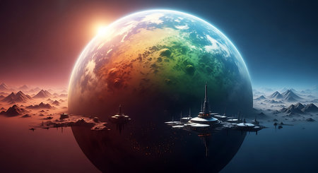 Fantasy alien planet in space. 3D rendering. Elements of this image furnished by NASAの素材