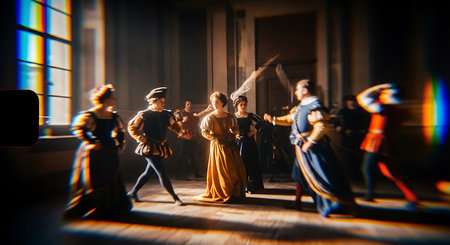 Group of medieval people dancing in the theater. Selective focus.の素材