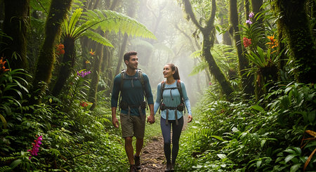 Couple hiking in the rainforest. Man and woman walking in the forest.の素材